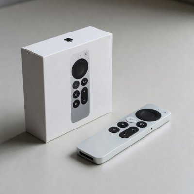 Apple TV 4K box beside its aluminium Siri Remote, close-up