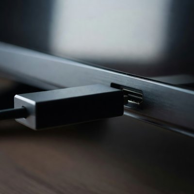 Fire TV Stick plugged directly into a TV HDMI port, macro shot