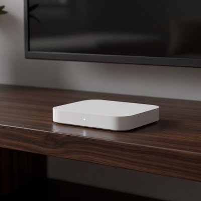 Google TV Streamer sitting on a shelf below a TV, close-up