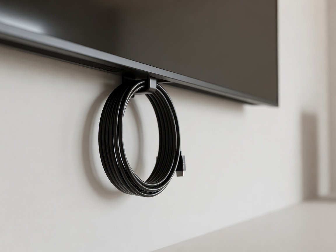 HDMI cable coiled neatly behind a wall-mounted TV, shallow depth of field