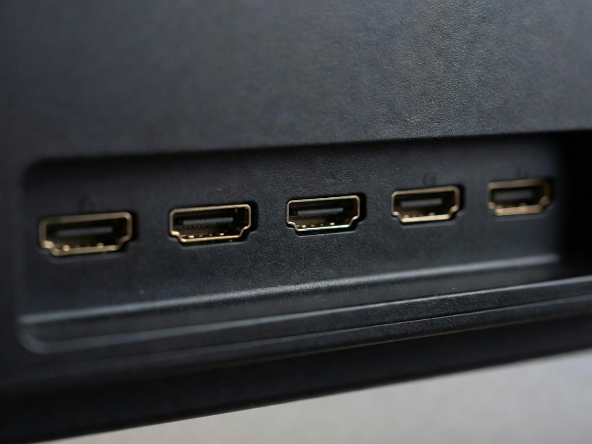 Row of HDMI ports on the back panel of a TV, shallow depth close-up