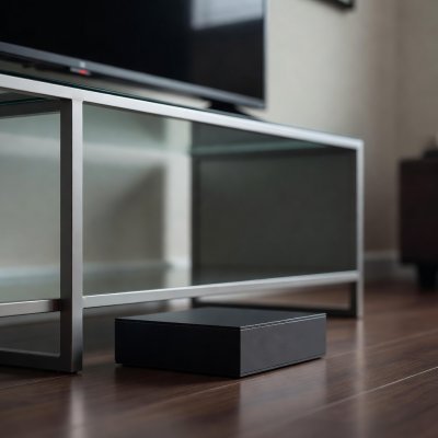 Black NVIDIA Shield TV Pro box beside a TV stand, close-up with shallow focus