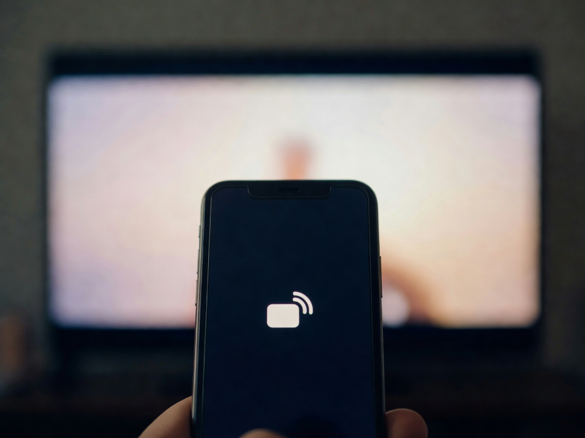 Close-up of a phone screen showing a cast icon with a TV softly blurred in the background
