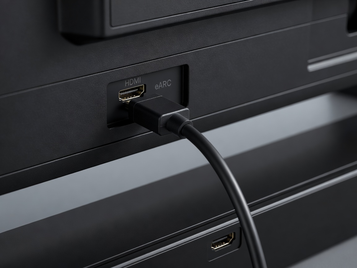 Close-up of an HDMI eARC port labelled on the back of a TV with a cable connected