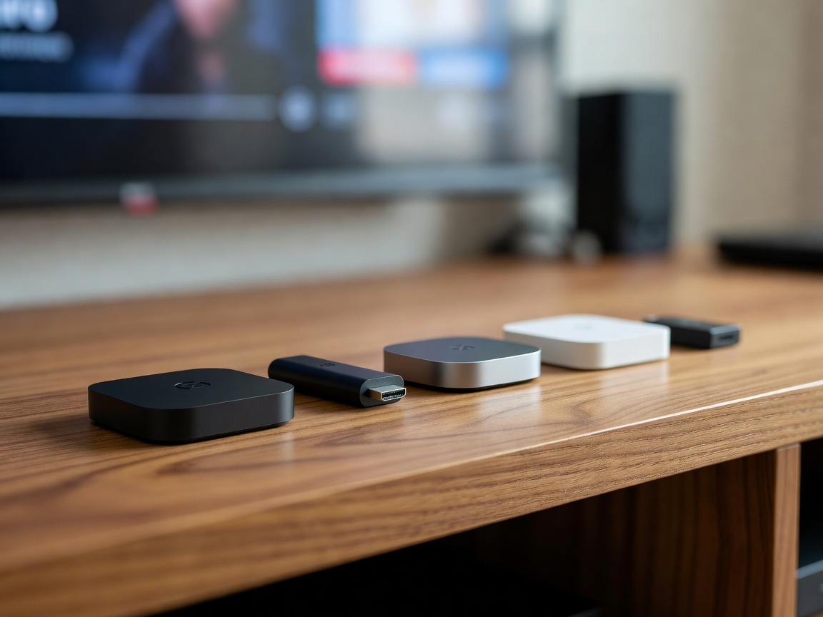 Five streaming devices lined up on a wooden TV stand, close-up with soft background blur