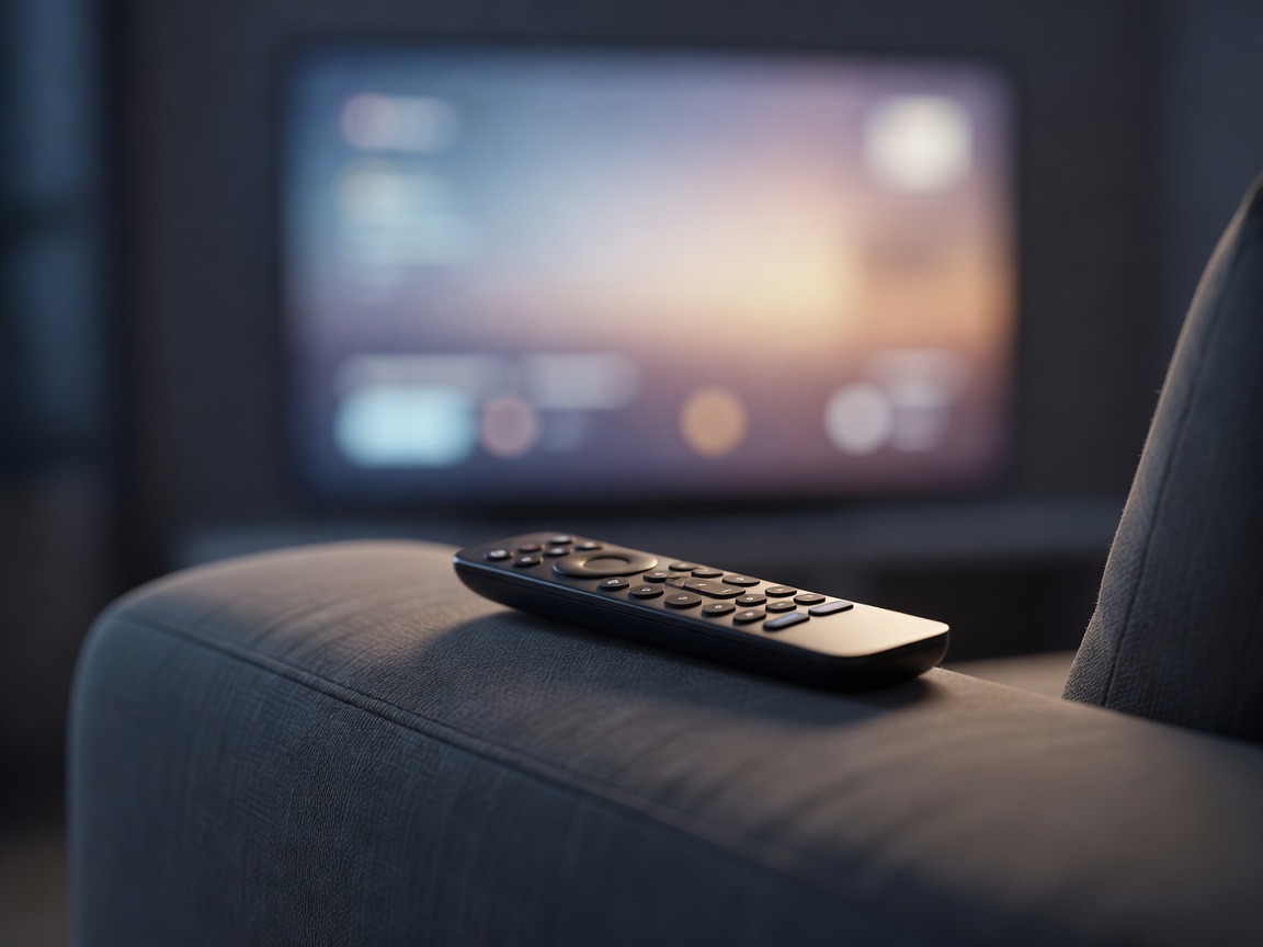 Streaming remote resting on a fabric sofa arm, close-up with blurred TV glow behind