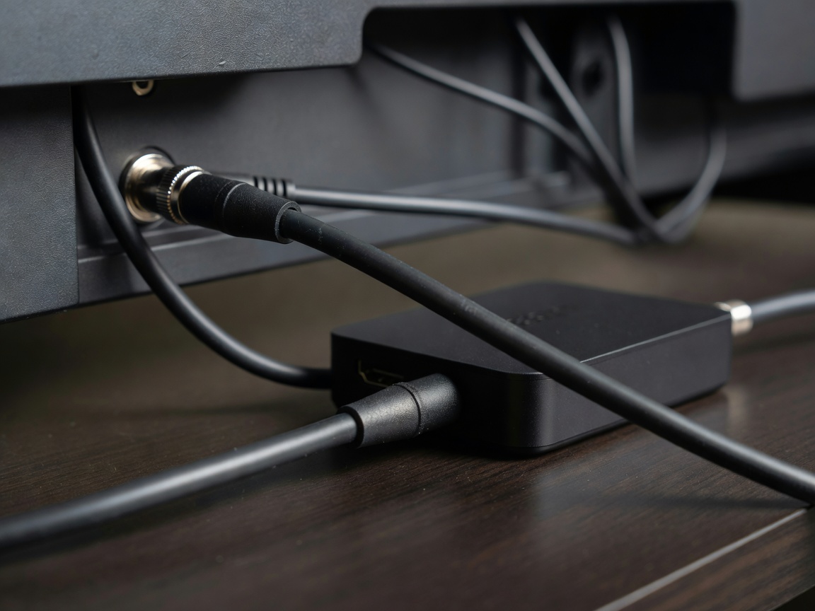 Close-up of an antenna coaxial cable and a streaming device side by side behind a TV