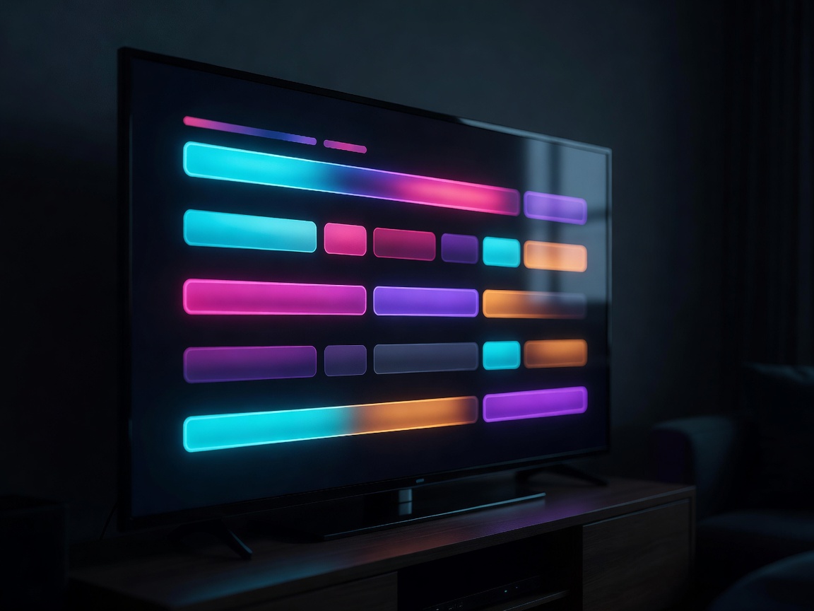 Close-up of a streaming home screen menu glowing on a TV in a dim room