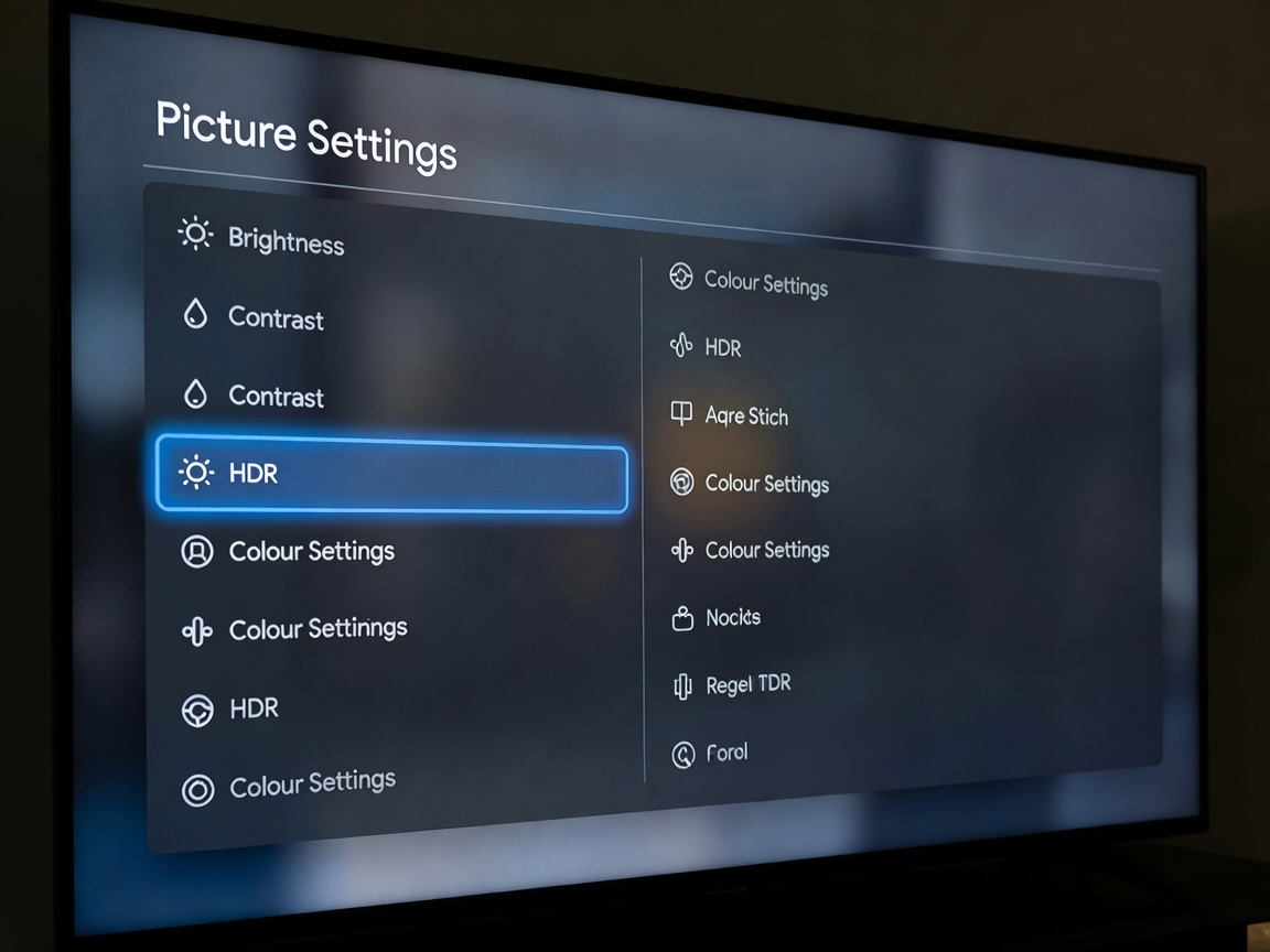Close-up of a TV picture settings menu showing HDR and colour options