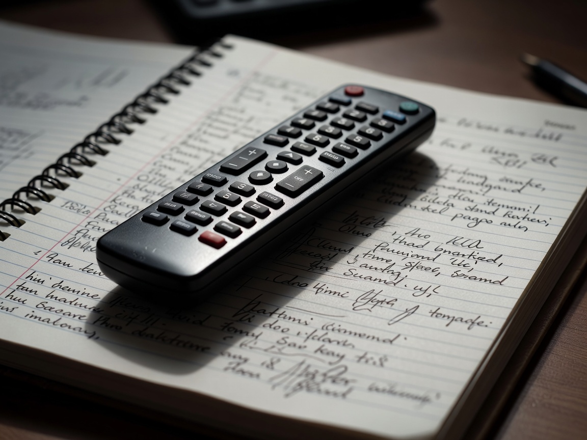 Close-up of a TV remote resting on a notebook filled with handwritten test notes