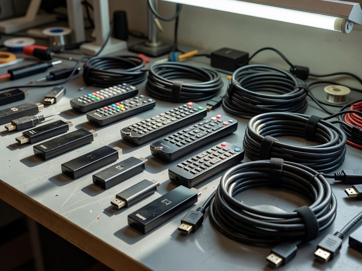 Close-up of a workbench with streaming sticks, remotes and coiled HDMI cables